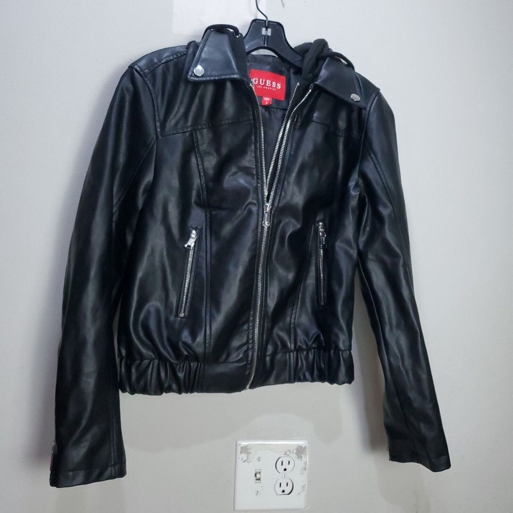 Guess‎ Jacket Womens Size S Biker Black Faux Leather Full Zip Hooded Polyester